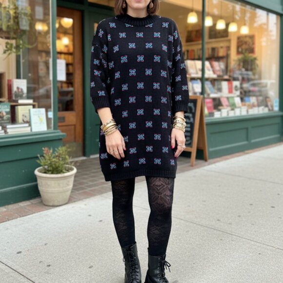 Vintage Stefano 80s Sweater Mini Dress Black with Pattern Roll Neck One Size - Picture 1 of 7